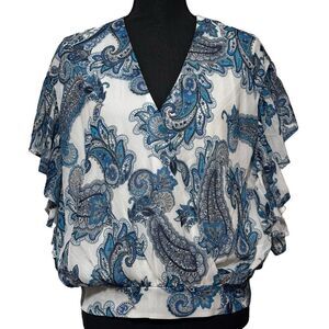EXPRESS Women’s Blue Paisley Wrap Front Ruffle Top,‎ SZ M
